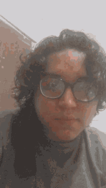 a man with curly hair wearing glasses and a gray shirt