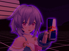 a girl with purple hair is holding a can of red bull energy drink