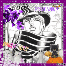 a black and white drawing of a man with a hat and a scarf around his neck surrounded by ghosts and pumpkins
