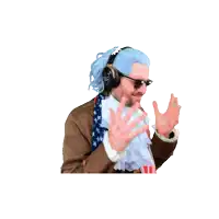 a man wearing a wig and sunglasses is waving his hand