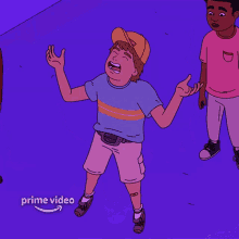 a cartoon of a boy kneeling down with the words prime video written below him