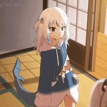 a drawing of a girl with a shark tail has the word adultv written on the bottom right