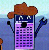 a cartoon calculator wearing a cowboy hat and holding a wrench