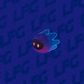 a purple and blue cartoon character in a dark room with letters lfg on the wall