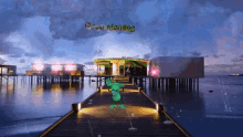 a cartoon character on a dock with the words " good morning " on the bottom