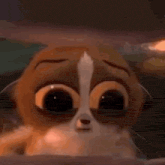 a close up of a cartoon animal with big eyes looking at the camera .