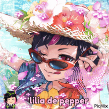 a cartoon of a girl wearing sunglasses and a hat with the name lilia de pepper