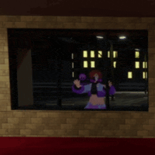 a pixel art drawing of a woman standing in front of a large window