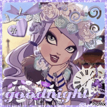 a picture of a girl with purple hair and the words goodnight on the bottom