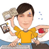 a cartoon drawing of a man holding a book and a tablet