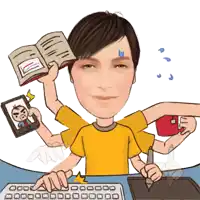 a cartoon drawing of a man holding a book and a tablet