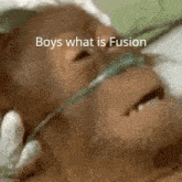 a monkey wearing an oxygen mask with the words boys what is fusion written above it
