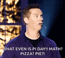 a man is making a funny face while talking about pizza and math .