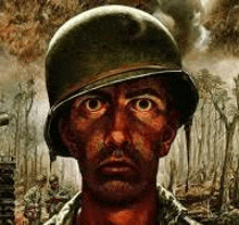 a painting of a soldier wearing a helmet and a beard .
