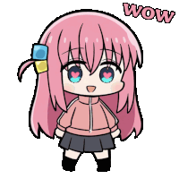 a cartoon drawing of a girl with pink hair and the word wow above her head