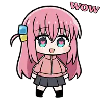 a cartoon drawing of a girl with pink hair and the word wow above her head