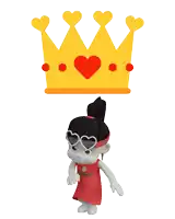 a cartoon girl wearing a red dress and sunglasses is standing under a crown that has hearts on it