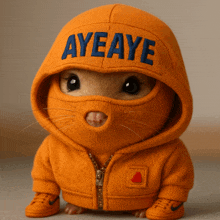 a small animal wearing a hoodie that says ayeaye on it