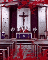 a priest stands in front of a cross in a church with blood on the floor