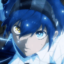 a close up of a person 's face with blue hair and yellow eyes