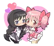 a couple of anime girls standing next to each other in front of a pink heart .