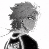 a black and white drawing of a person with kaiser on the back of their shirt
