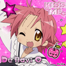 a picture of a girl with pink hair that says kiss me on it