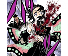 a girl with a sword is surrounded by blood