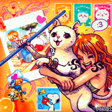 a picture of a girl hugging a cat with a postage stamp that says 80 on it