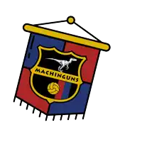 a banner that says machinguns on it with a dinosaur and a soccer ball