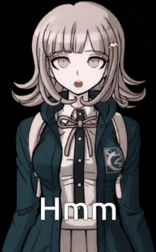 a girl in a school uniform is standing in front of a black background with the words hmm written on it .