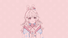 a girl with pink hair and a bunny ear looks at the camera