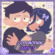 a cartoon of a man and woman hugging with the words good morning baby 3 on the bottom