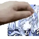 a hand is pointing at a picture of a girl with blue hair .