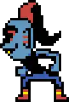 a pixel art drawing of a monster with a red hat