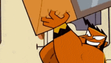a cartoon character is carrying a large cardboard box on his head .