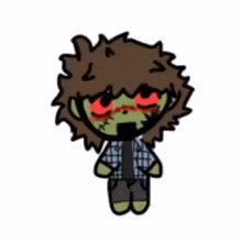 a cartoon drawing of a zombie boy with red eyes and a plaid shirt .