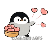 a penguin holding a bowl of hearts with the words love you lots