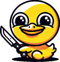 a cartoon duck is smiling and holding a large knife
