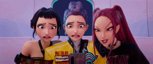 three cartoon characters looking at a cell phone with one wearing a yellow jacket that says puffy cotton