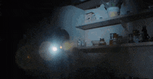 a person standing in a dark room with a flashlight on
