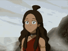 a girl with long brown hair is wearing a choker and a red top