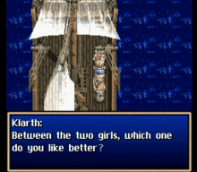 a video game scene with klarth between the two girls