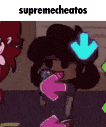 a cartoon character with an arrow pointing down and the words supremecheatos on top