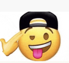 a yellow smiley face wearing a black hat and sticking out its tongue .