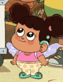 a cartoon girl with wings is wearing a pink shirt and pink pants