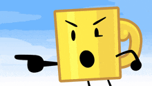 a cartoon drawing of a yellow mug with an angry face and black arms and legs