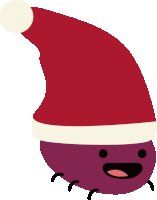 a purple cartoon character is wearing a red santa hat