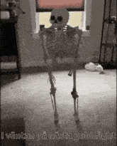 a skeleton is standing in front of a window with a caption that says i väntan på nasta gubbfight