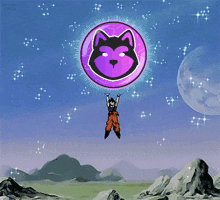 a cartoon of a person flying through the air with a purple circle with a dog on it